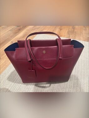 Tory Burch Burgundy Leather Tote with Navy Interior